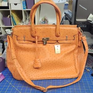 Penelope Ann Ostrich Orange Sherbert Designer 15" x 7" x 12" Handbag Strap